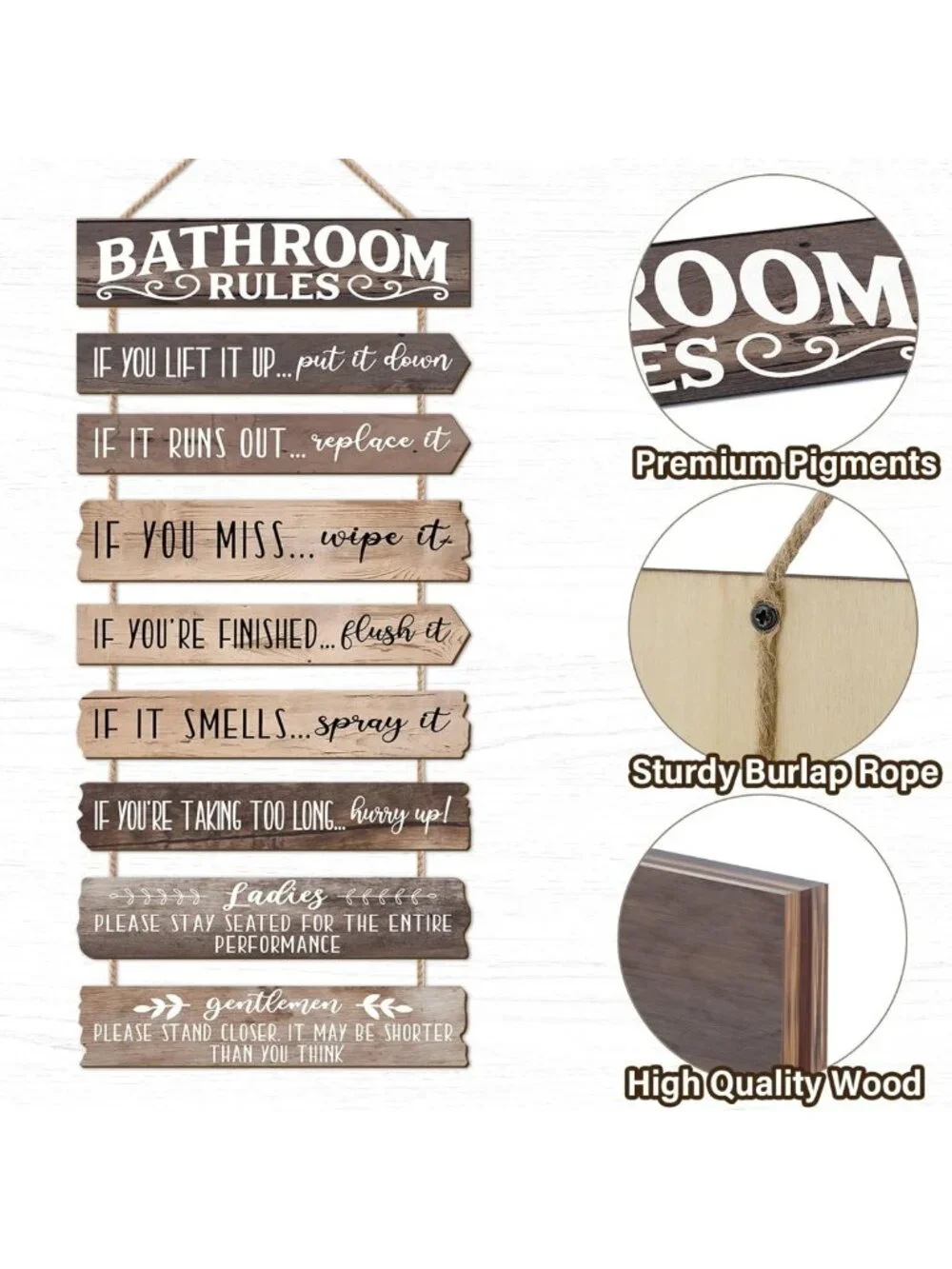 Rustic Funny Bathroom Wall Art - Rules & Signs for Farmhouse Decor, Wooden Decor